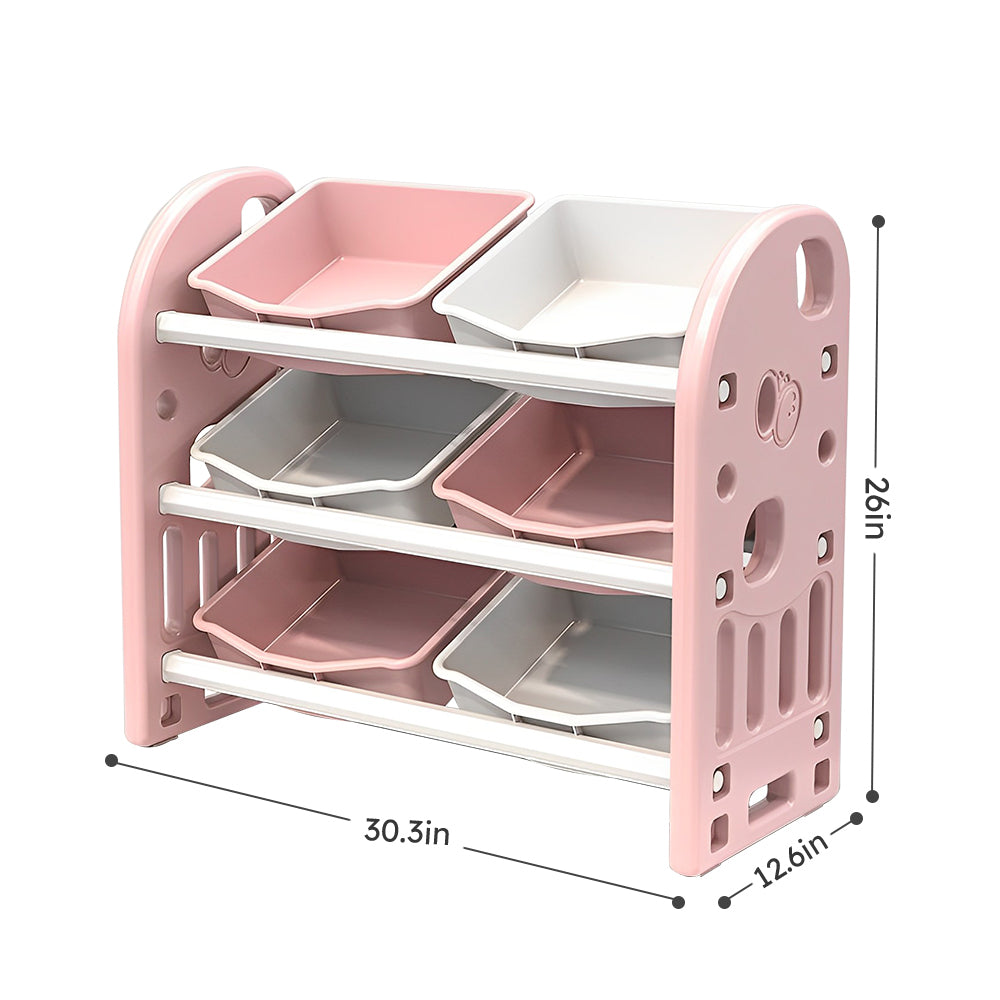 Kids Toy Storage Organizer with 6 Bins, Multi-functional Nursery Organizer Kids Furniture Set Toy Storage Cabinet Unit with HDPE Shelf and Bins for Playroom, Bedroom, Living Room (pink color)