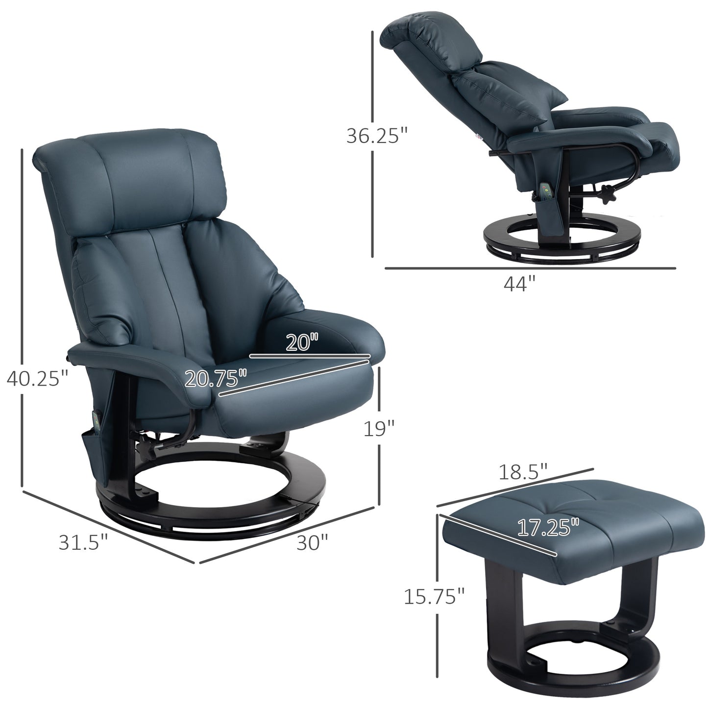 HOMCOM Massage Recliner Chair with Footstool, 360° Swivel Recliner, Blue