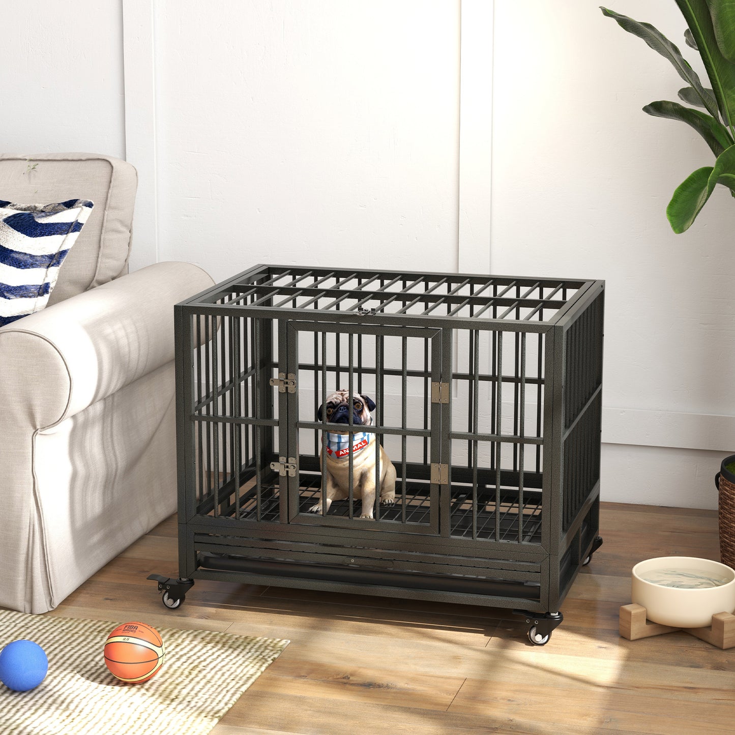 PawHut 36" Heavy Duty Dog Crate Metal Cage Kennel with Lockable Wheels, Double Door and Removable Tray, Gray