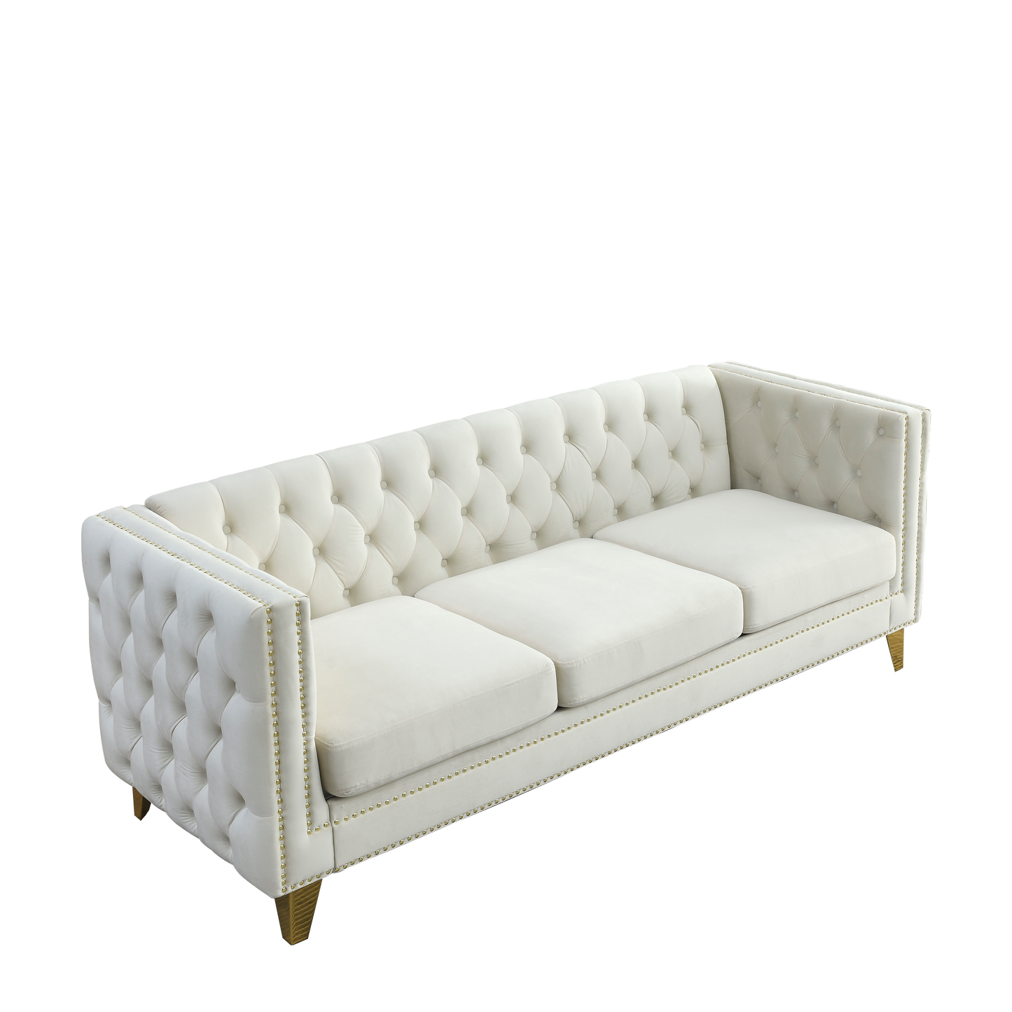 Velvet Sofa for Living Room,Buttons Tufted Square Arm Couch, Modern Couch Upholstered Button and Metal Legs, Sofa Couch for Bedroom, Beige Velvet ,2PCS