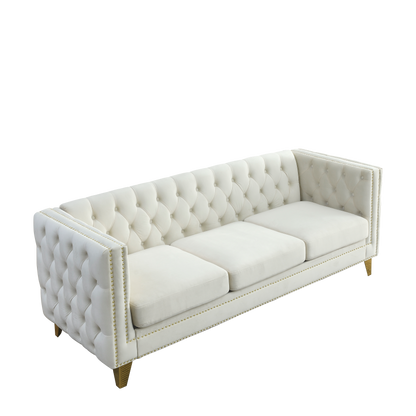 Velvet Sofa for Living Room,Buttons Tufted Square Arm Couch, Modern Couch Upholstered Button and Metal Legs, Sofa Couch for Bedroom, Beige Velvet ,2PCS