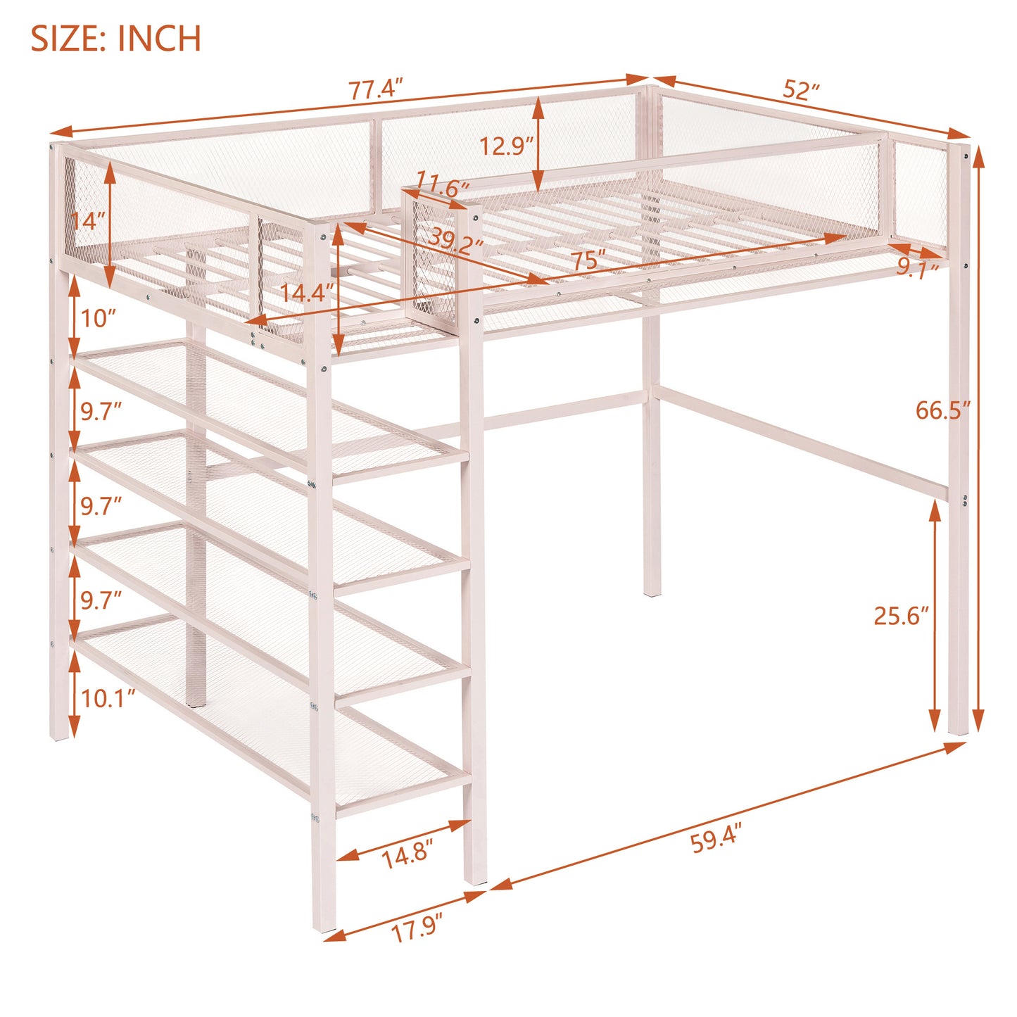 Twin Size Metal Loft Bed with 4-Tier Shelves and Storage, Pink