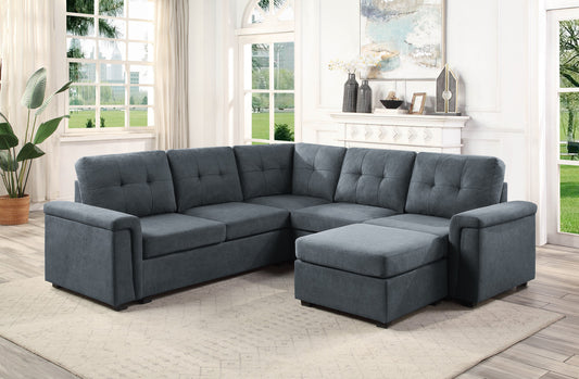 Isla 92.5" Gray Woven Fabric 6-Seater Sectional Sofa with Ottoman