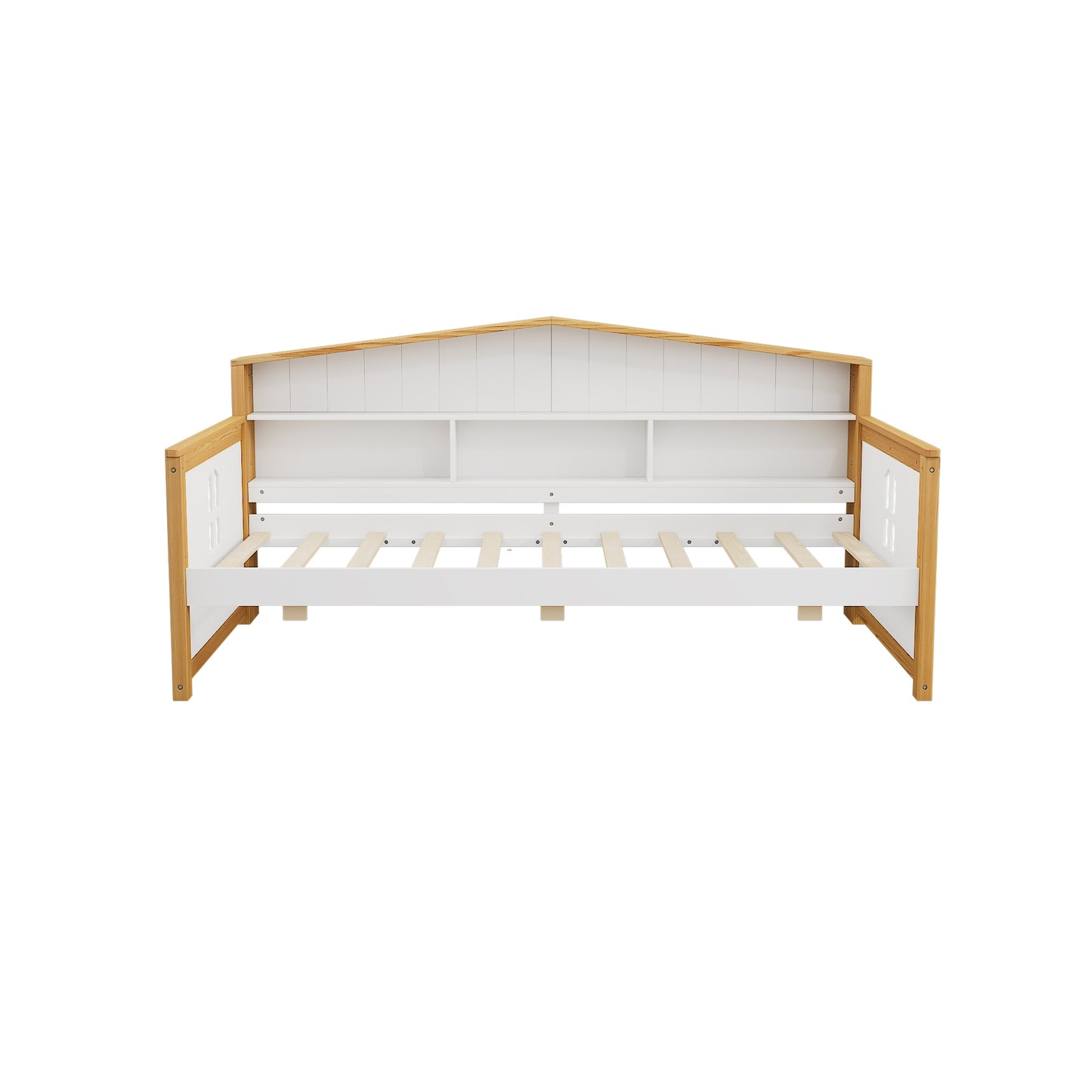 Twin Size House Shape Daybed with Trundle and Bookcase Headboard  Wooden  Bed Safety Fence Guardrails  Bed for Girls Boys Teens, No Box Spring Needed, Walnut and White