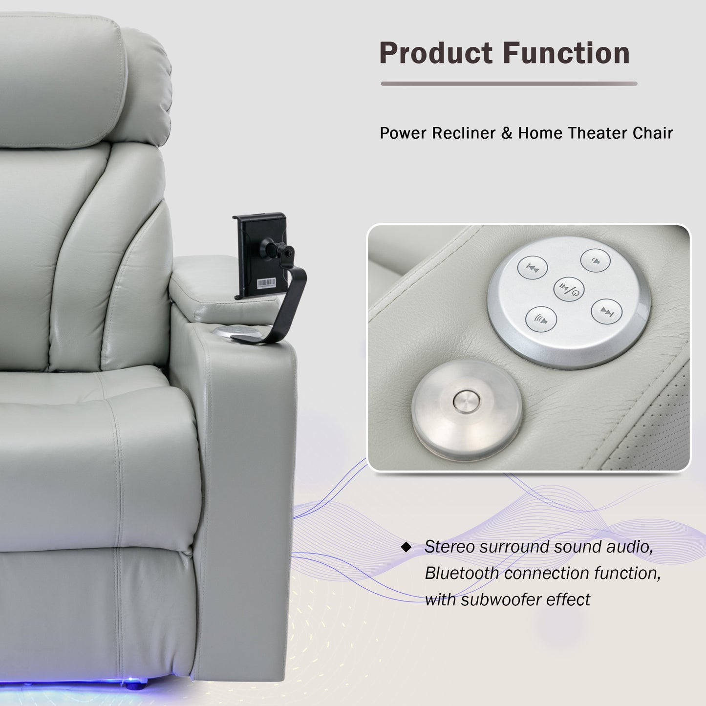 Power Motion Recliner Electric Power Recliner with USB Charging Port, Hidden Arm Storage, Convenient Cup Holder and Bluetooth Speaker, Light Grey(Old Sku:SG000800AAE)