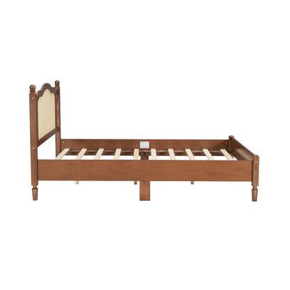 Queen Size Wooden Platform Bed with Natural Rattan Headboard, Vintage Bed Frame with Wooden Slat Support, Walnut