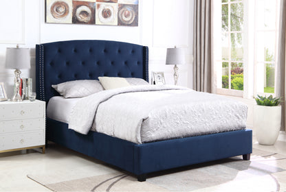 Summit Fabric Button Tufted Wingback Upholstered Bed with Nail Head Trim, Blue