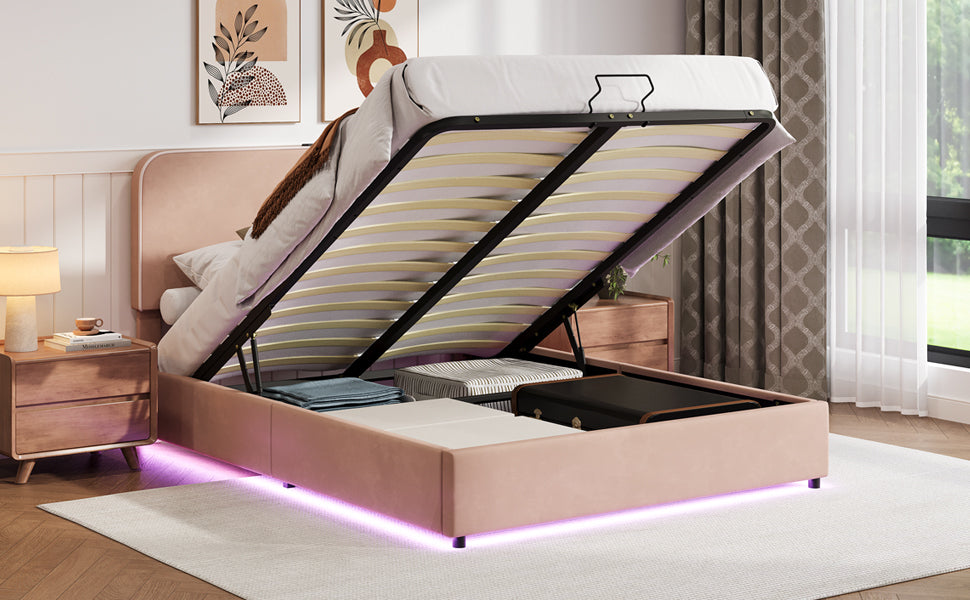 Upholstered Platform Full Size Hydraulic Storage Bed, Lift Up Storage Bed with RGB LED Light, Bluetooth Speaker, No Box Spring Needed, Lychee Velvet,Pink