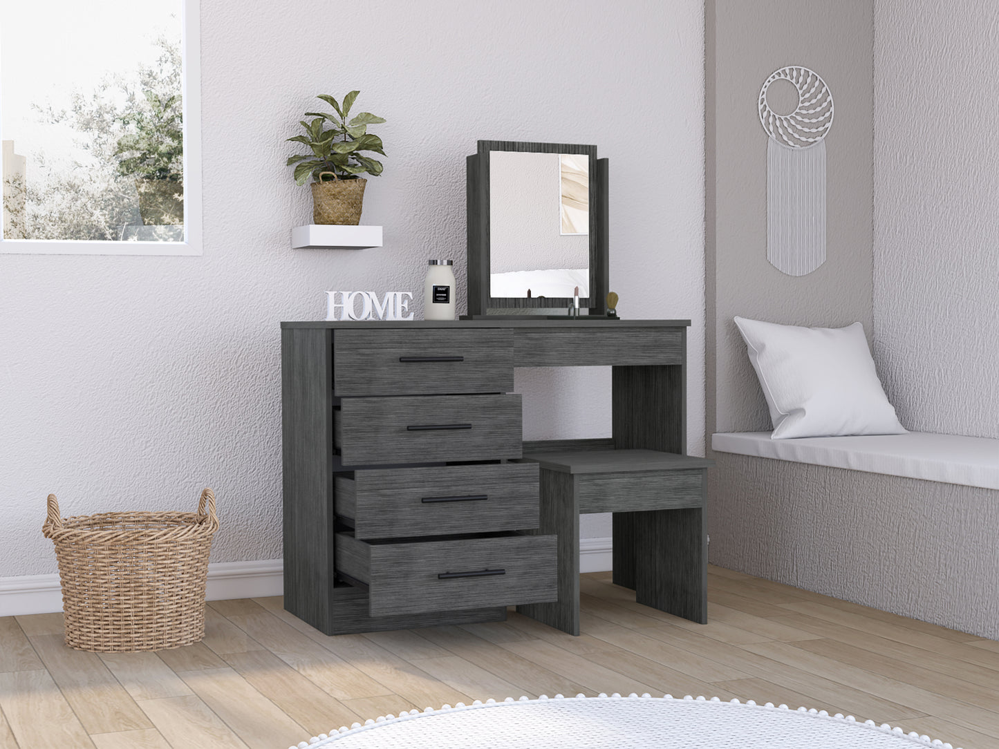 Kaia Makeup Vanity, Four Drawers, One Mirror, Stool -Smokey Oak