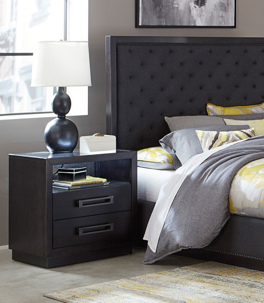 Modern Bedroom Furniture 1pc Nightstand of 2x Drawers LED Light Storage Cubby USB Ports Power Outlets Charcoal Finish Glass Insert Top Stylish Bed-Side Table