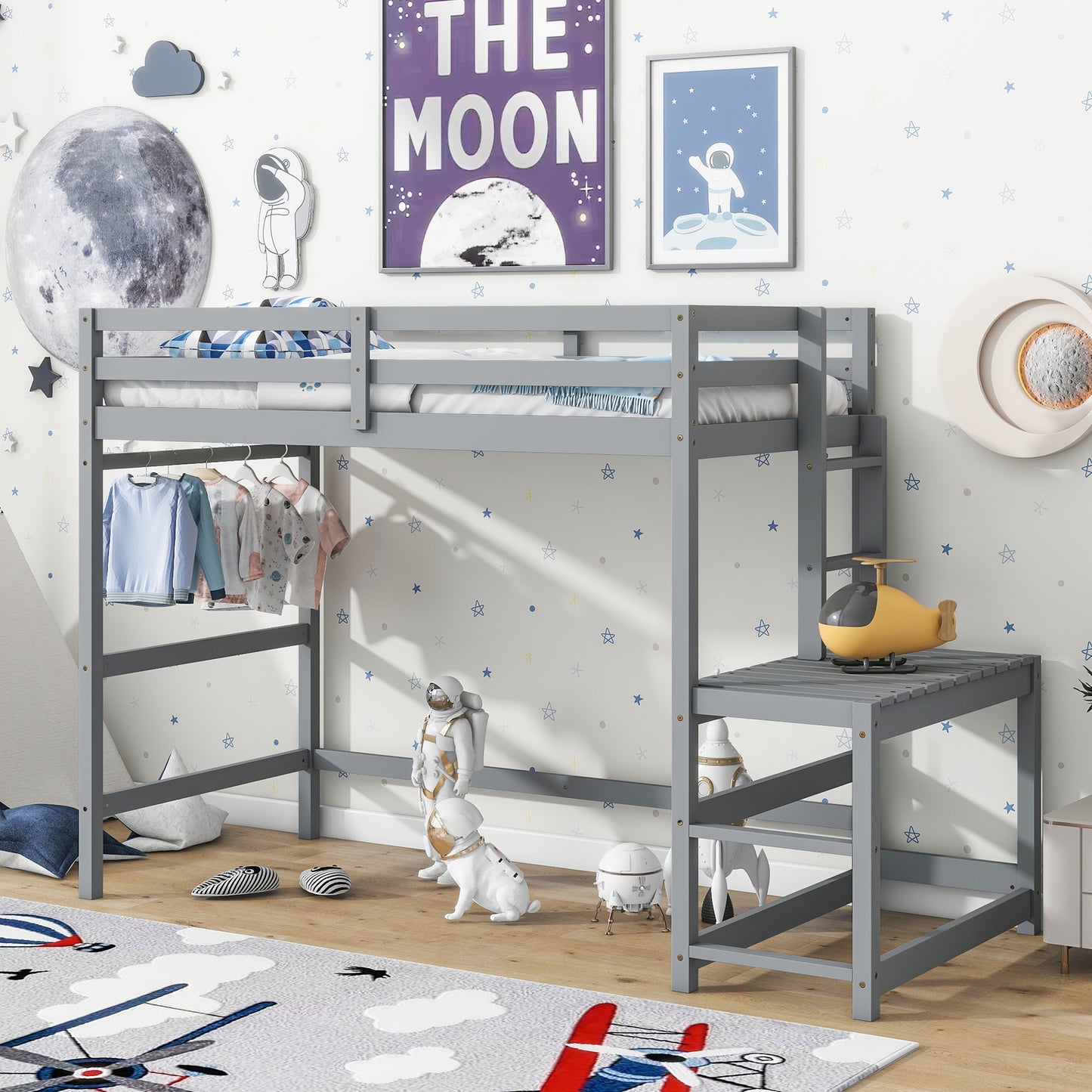 Twin Size High Loft Bed with Ladder landing Platform, Ladders, Guardrails,Grey