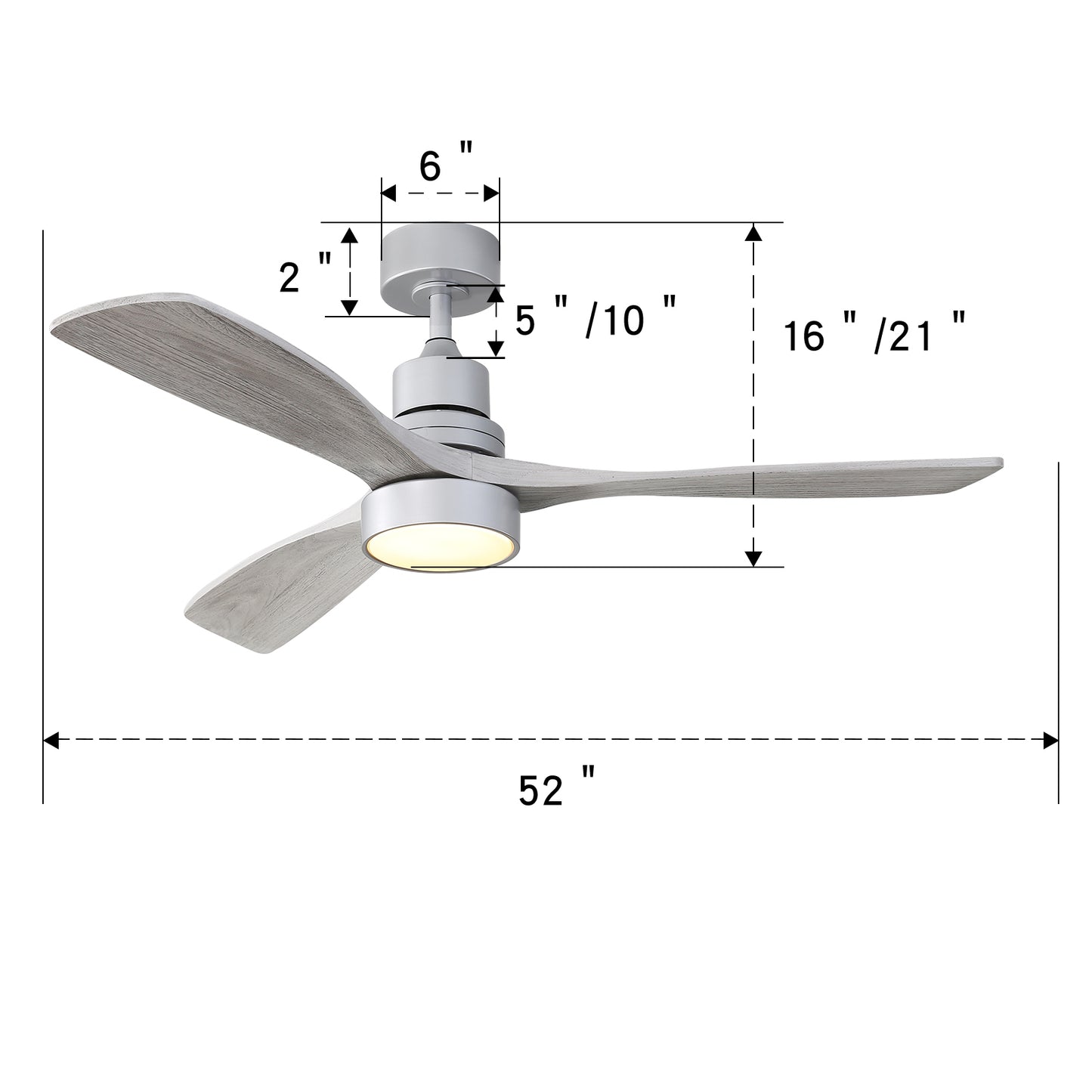 52 Inch Ceiling Fan Light With 6 Speed Remote Silver 3 Wood Blade Reversible DC Motor For Bedroom