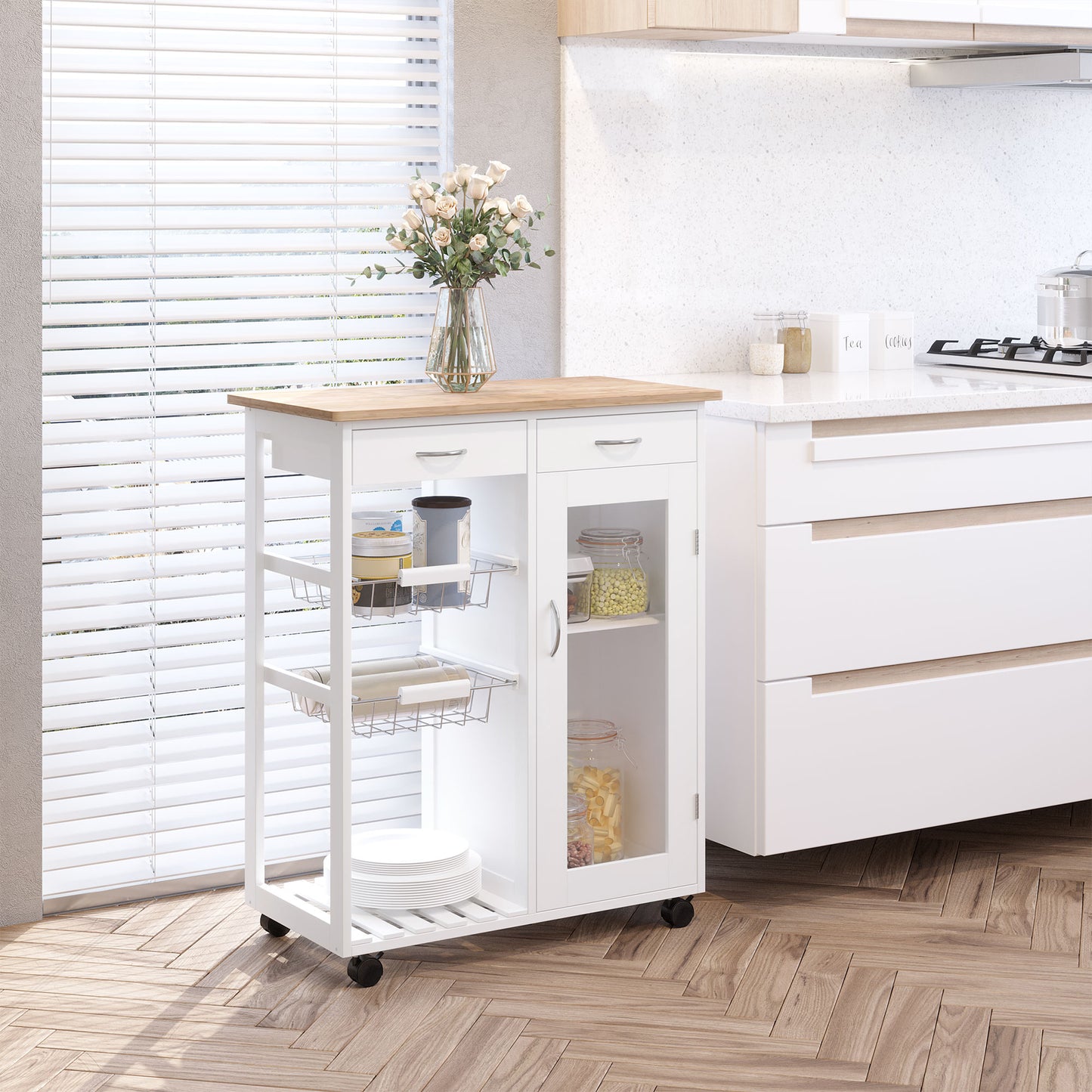 HOMCOM 28" Rolling Kitchen Island with Storage, Kitchen Cart with Solid Bamboo Top, Wire Basket,Door Cabinet and Drawers, White