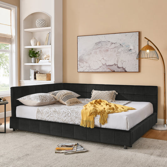 Queen Size Upholstered Tufted Bed Frame, Sofa Bed Frame with Comfortable Backrest and Armrests, Queen Size Bed for Bedroom, Living Room,Velvet, BLACK(85.5''*64.5''*30.5'')