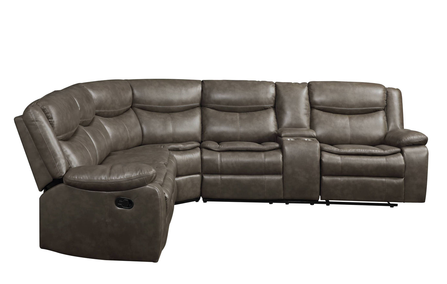 Tavin Taupe Faux Leather Manual Recliner Sectional Sofa w/ Cupholder Console