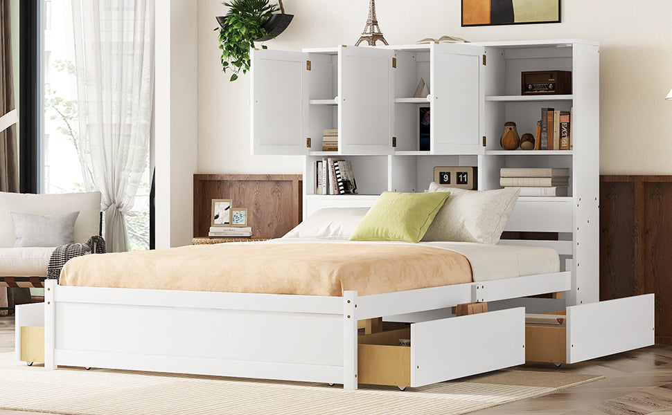 Queen Size Platform Bed with Storage Headboard and 4 Drawers, White