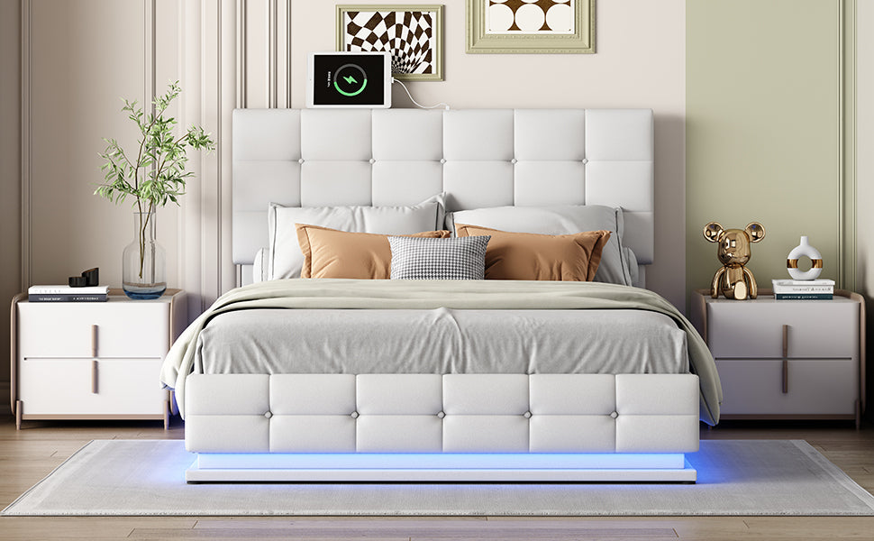 Tufted Upholstered Platform Bed with Hydraulic Storage System,Queen Size PU Storage Bed with LED Lights and USB charger, White