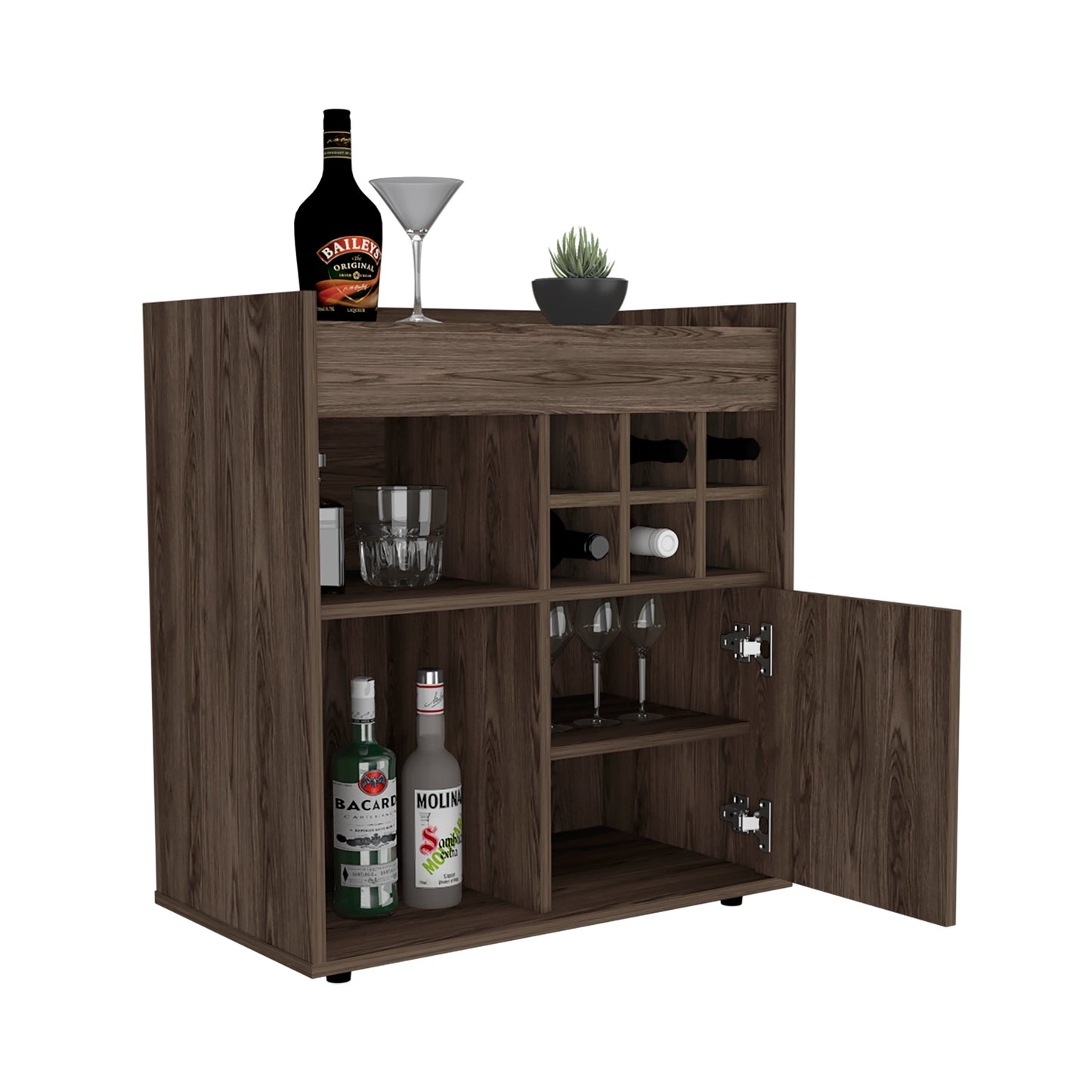 Bar- coffee cart 29" H, cabinet storage, with 6 bottle racks, a central shelf covered by 1 wood door, ideal for storing glasses and snacks, Dark Walnut