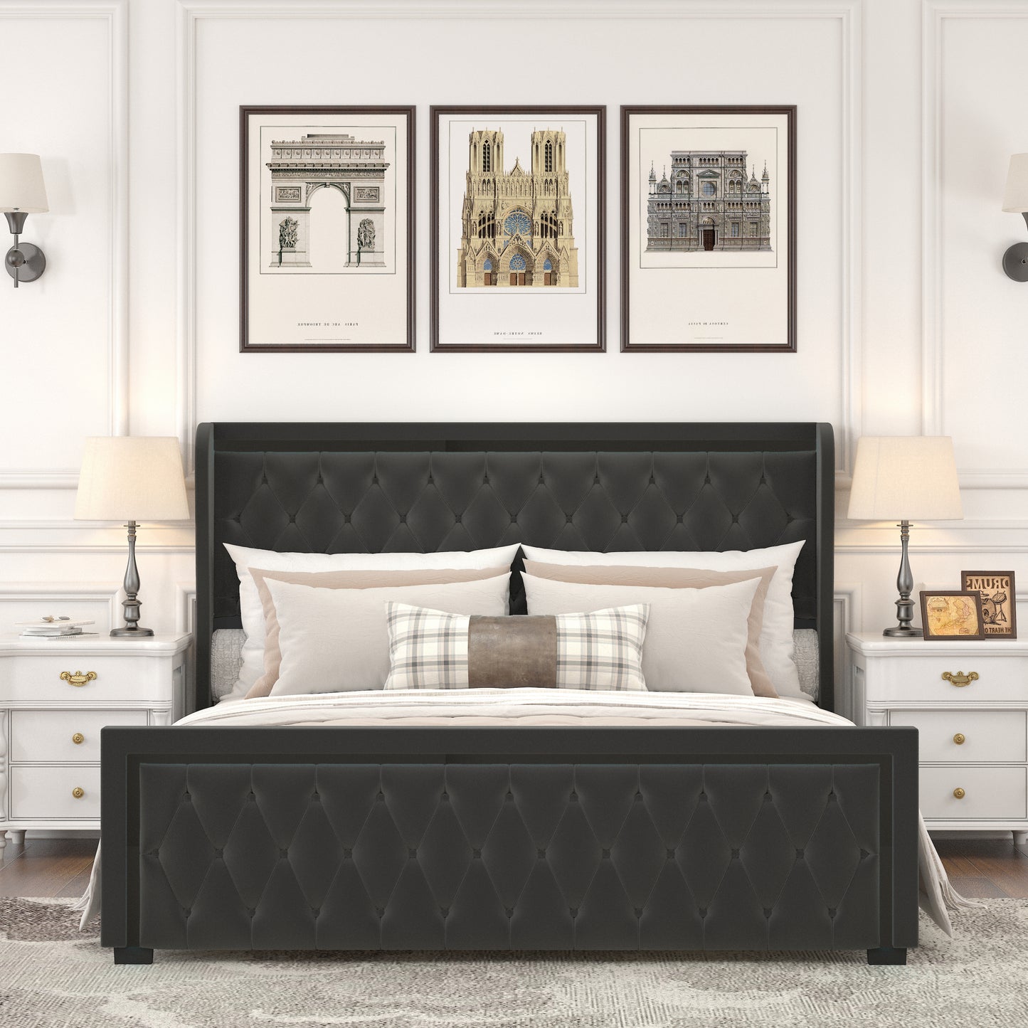 Queen Platform Bed Frame With High headboard, Velvet Upholstered Bed with Deep Tufted Buttons, Adjustable Colorful LED Light Decorative Headboard, Wide Wingbacks,BLACK