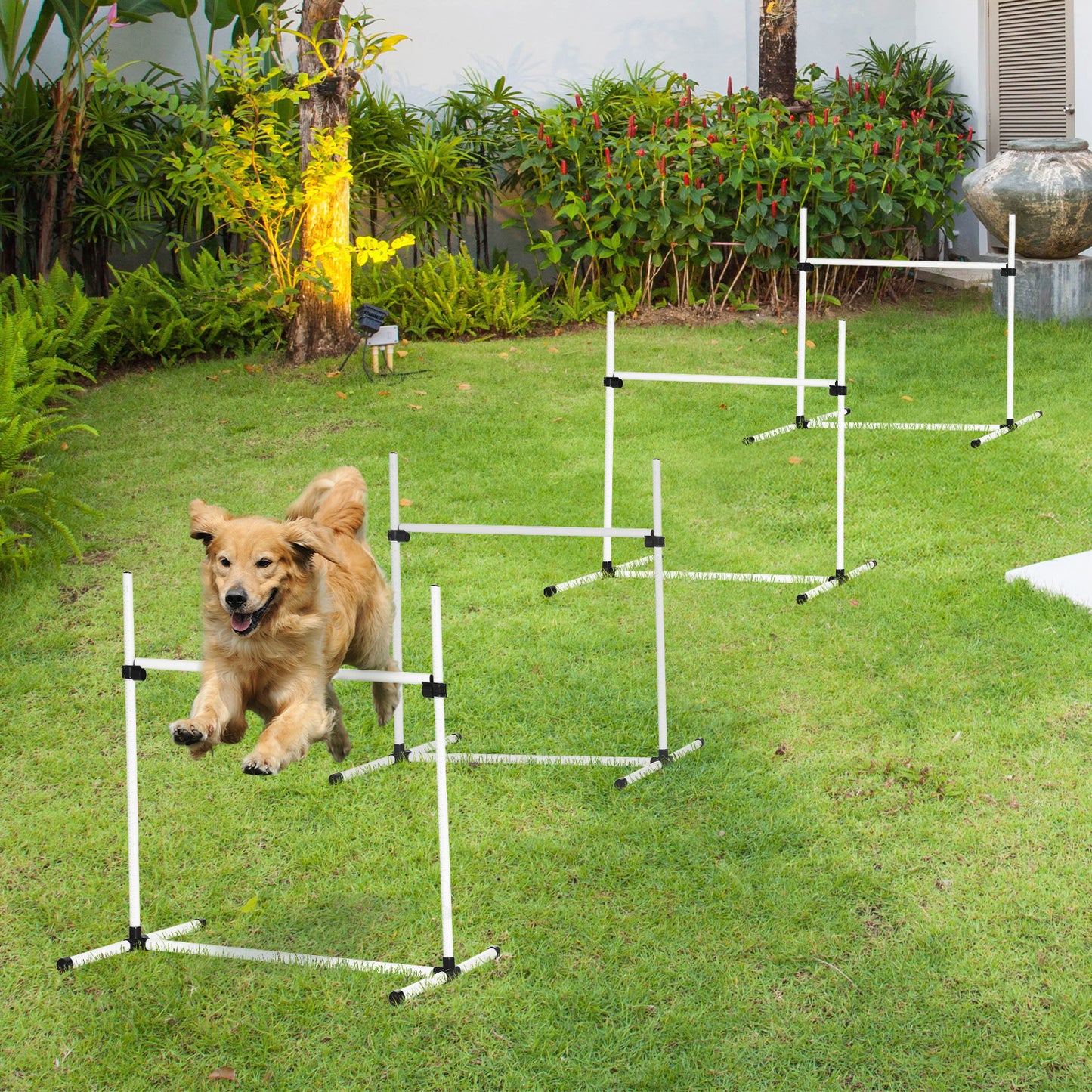 PawHut 4 Piece Dog Agility Training Equipment for Dog Agility Course with Adjustable Height Jump Bars, Included Carry Bag, & Displacing Top Bar, White