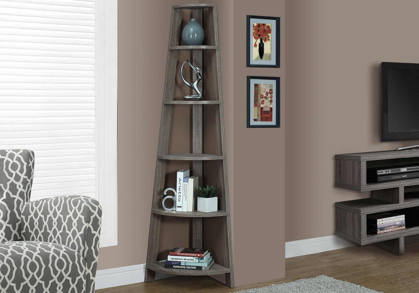 Bookshelf, Bookcase, Etagere, Corner, 5 Tier, 72"h, Office, Bedroom, Brown Laminate, Contemporary, Modern