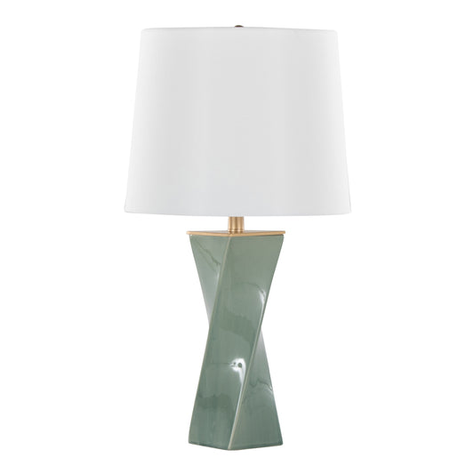 Curvo Square Contemporary 27" Ceramic Table Lamp in Sage Green Ceramic, Gold Metal, and White Linen by LumiSource