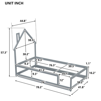 Twin Size Wood bed with House-shaped Headboard Floor bed with Fences,Grey