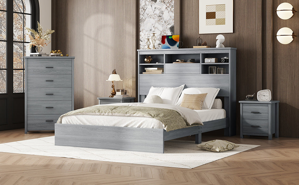 4-Pieces Bedroom Sets Queen Size Vintage Wooden Bed Frame with 2 Nightstands and 1 Dresser,Light Gray