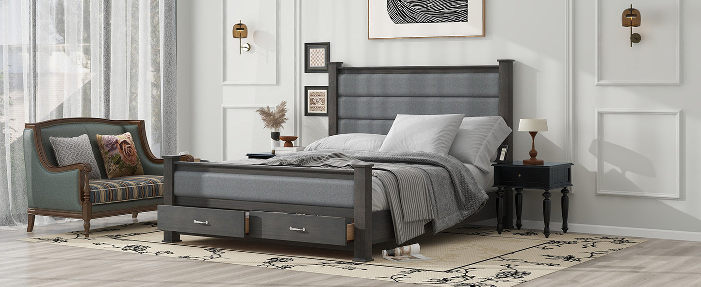 Queen Size Wood Frame Platform Bed with Upholstered Headboard, Footboard and 2 Drawers, Antique Gray