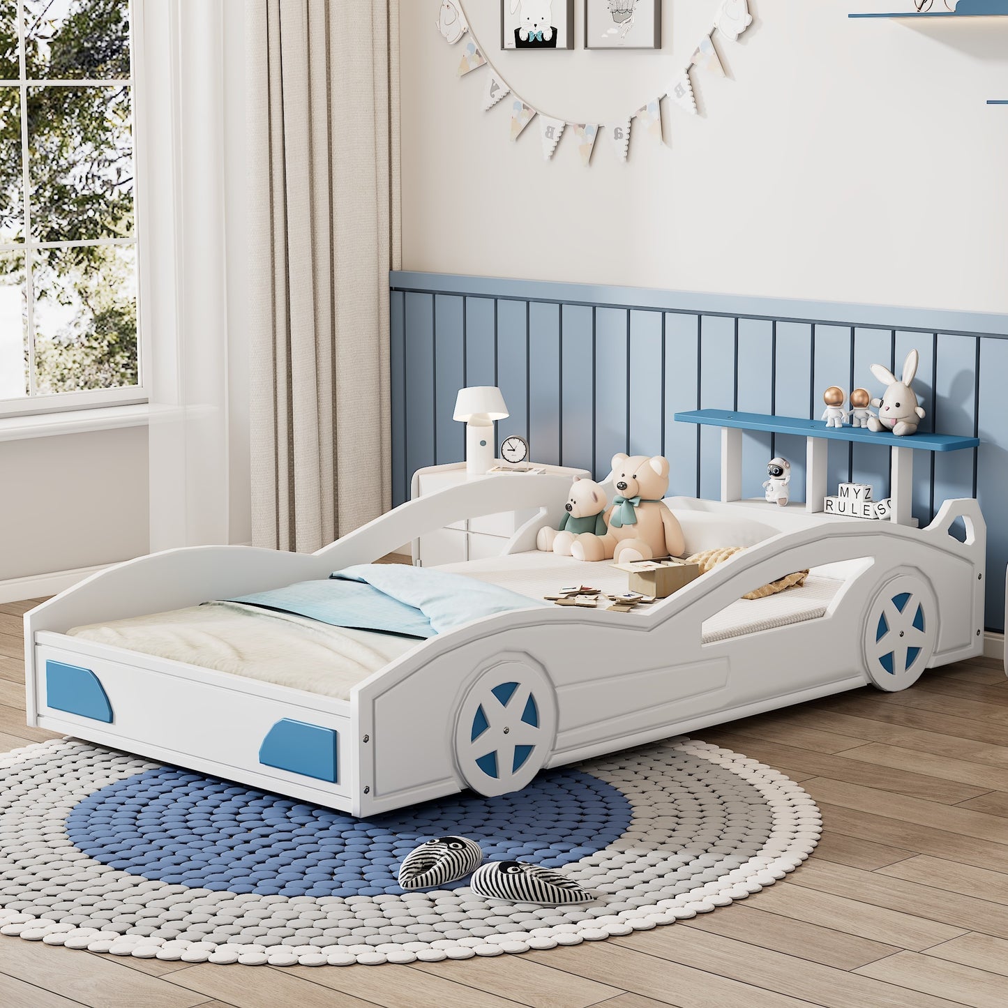 Wooden Race Car Bed,Car-Shaped Platform Twin Bed with Wheels For Teens,White & Blue