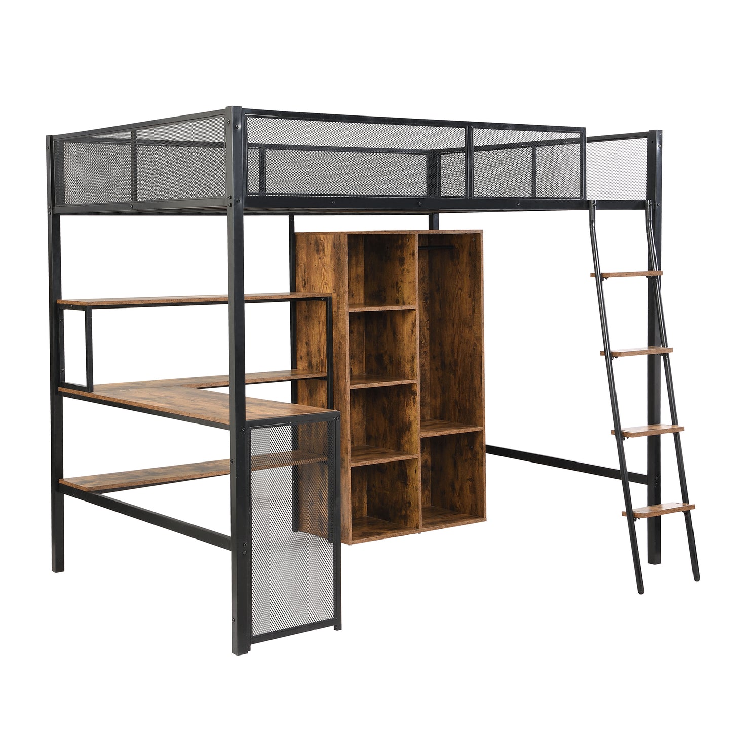 Full Size Metal Loft Bed with Built-in Desk, Wardrobe, and Shelves in Black Metal and MDF, 78L x 56.1W x 69.3H inches