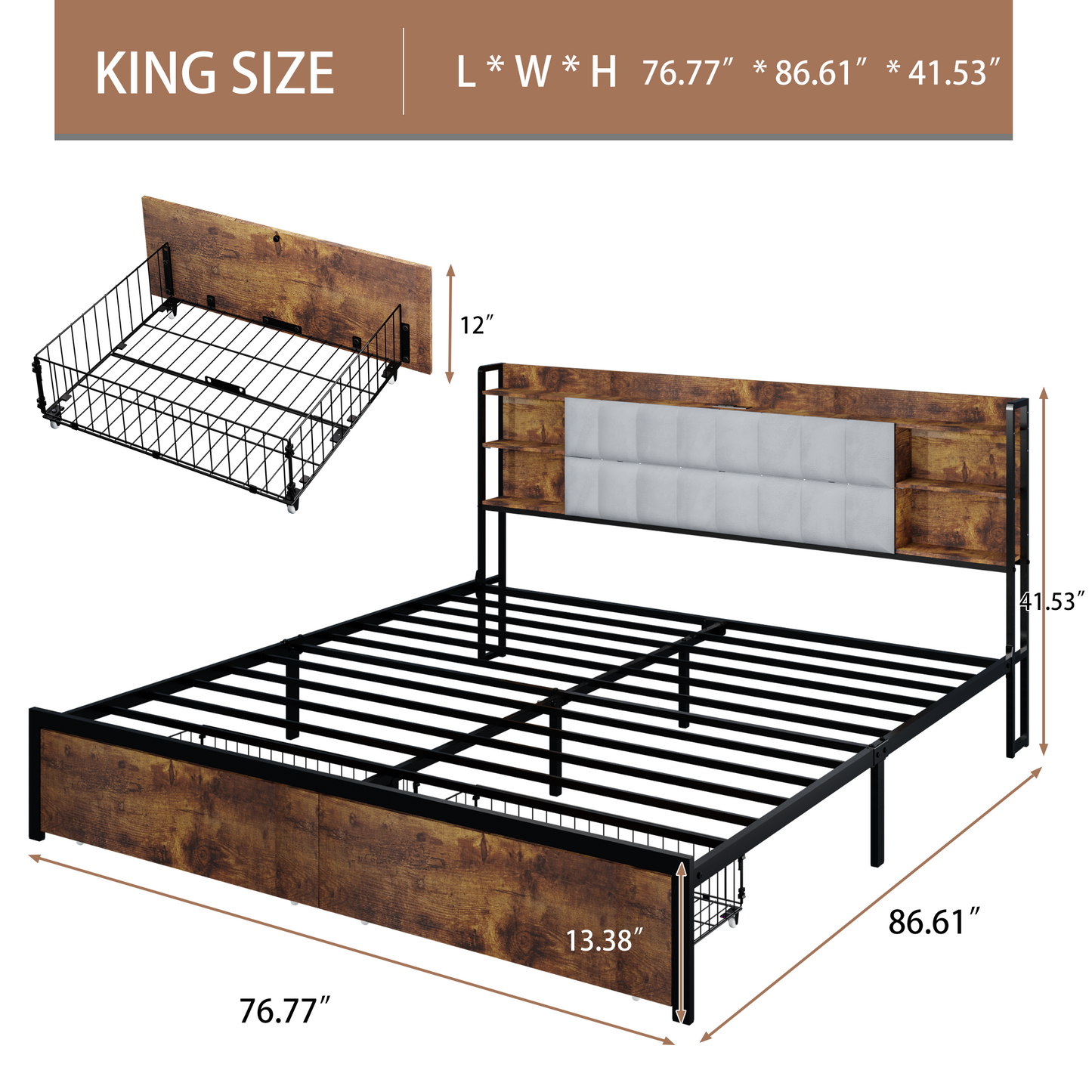 King Size Bed Frame with 2 Storage Drawers and LED Lights Headboard, Upholstered king Bed Frame with Charging Station, No Box Spring Needed, Easy Assembly