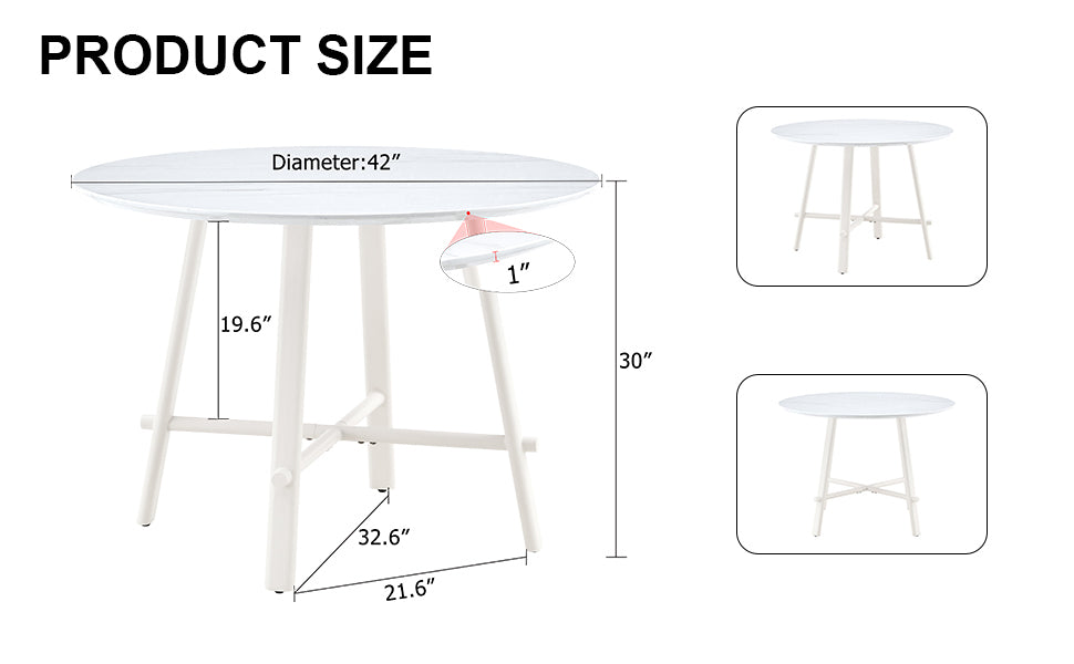 A modern minimalist circular dining table with a 42 inch diameter white patterned tabletop and white metal legs. Suitable for restaurants, living rooms, and conference rooms.