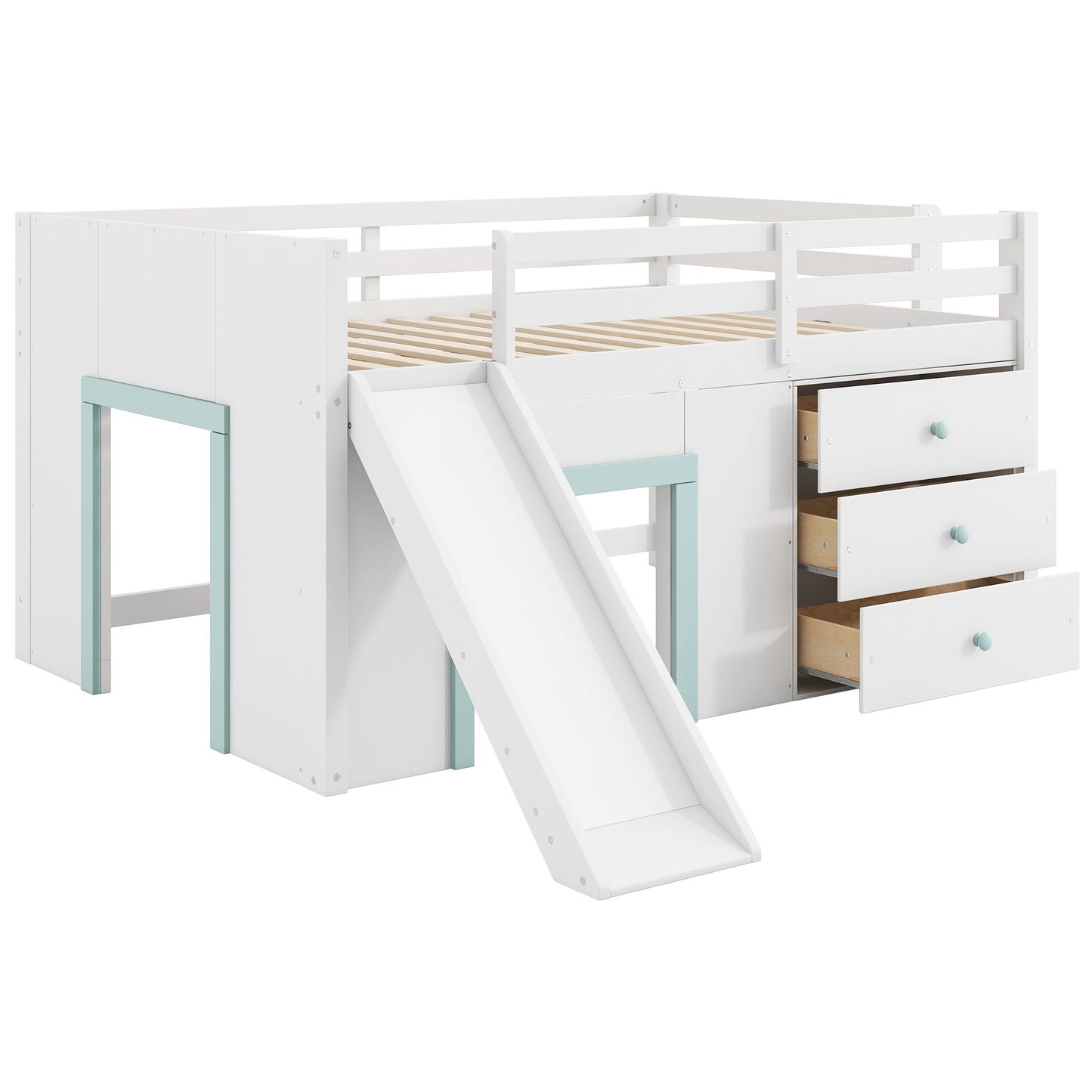 Modern White Full Size Low Loft Bed with Slide, Three Storage Drawers, and Two Doors – Pine Wood + MDF