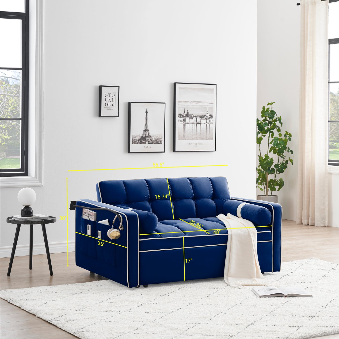 Sleeper Sofa Couch w/Pull Out Bed, 55" Modern Velvet Convertible Sleeper Sofa Bed, Small Love seat Sofa Bed w/Pillows & Side Pockets for Small Space, Living Room, Apartment,Blue