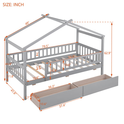 Twin Size Wooden House Bed with Two Drawers, Gray