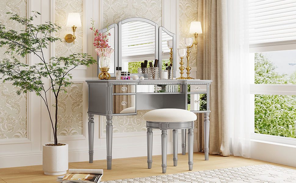 GO 43" Dressing Table Set with Mirrored Drawers and Stool, Tri-fold Mirror, Makeup Vanity Set for Bedroom, Silver