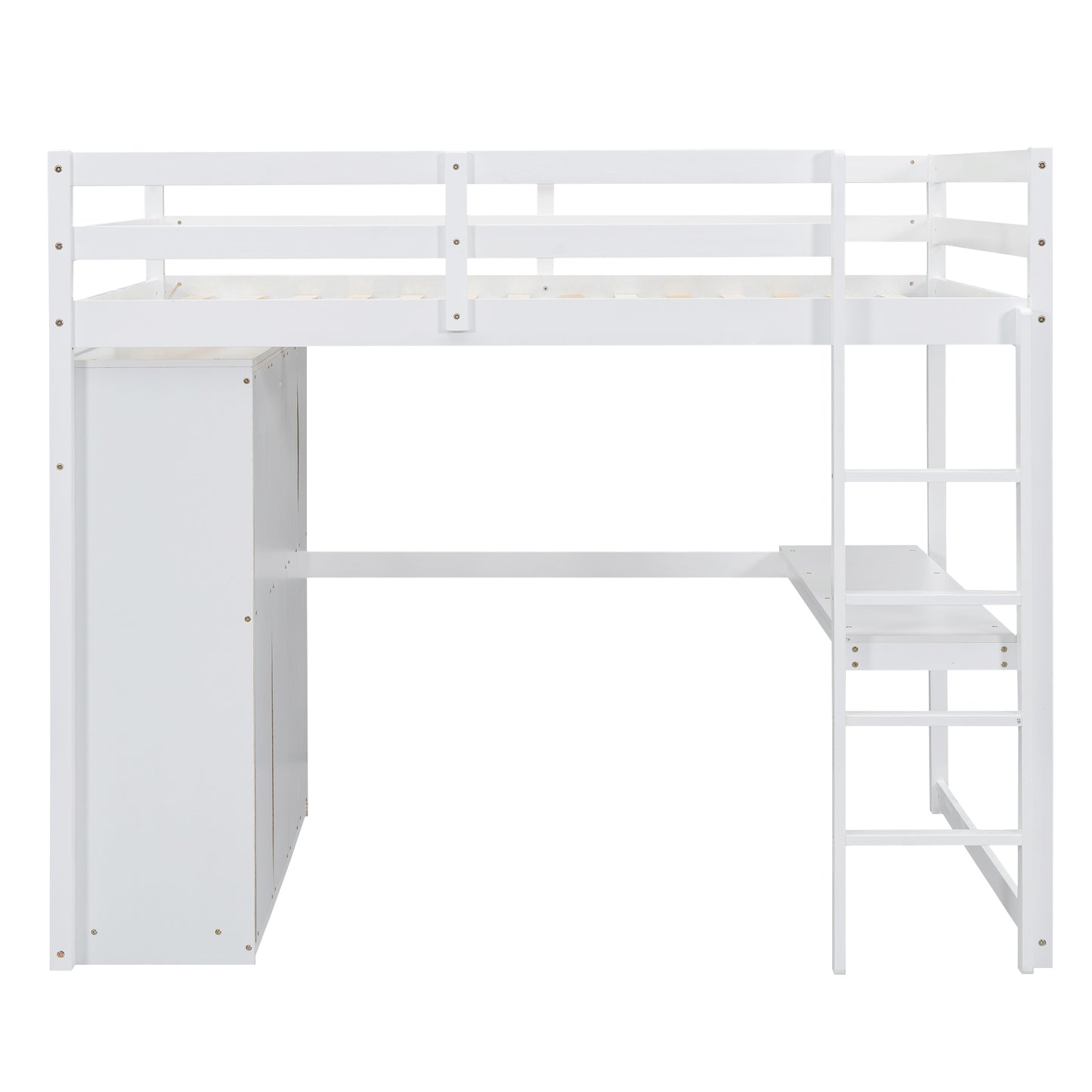 Wood Full Size Loft Bed with Built-in Wardrobe, Desk, Storage Shelves and Drawers, White