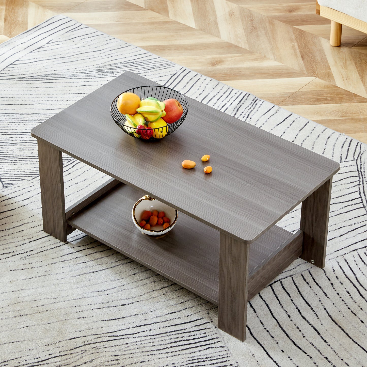 Modern minimalist gray wood grain double layered rectangular coffee table,tea table.MDF material is more durable,Suitable for living room, bedroom, and study room.19.6"*35.4"*16.5" CT-16