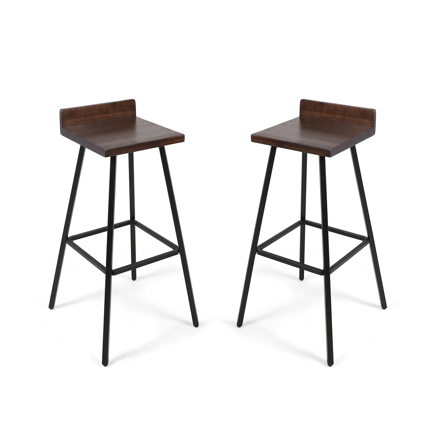 Outdoor Bar Stool with Low Backrests and Wood Seats, Set of 2, Dark Brown and Black