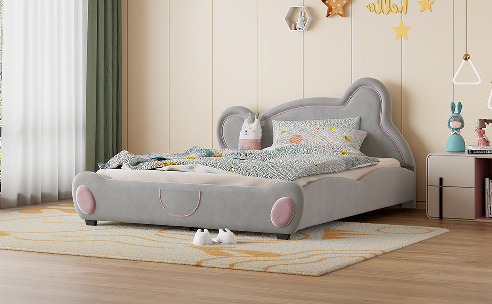 Queen Size Velvet Platform Bed with Bear-Shaped Headboard, with Bed-End Storage Pocket, Gray