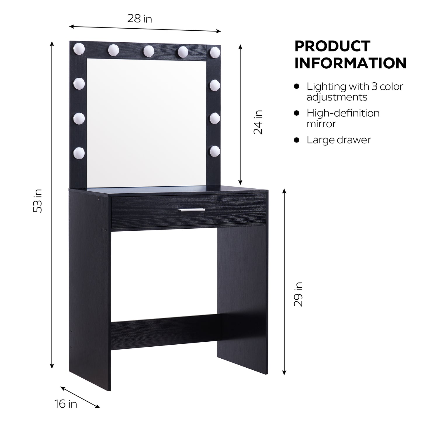 Vanity Desk with Mirror and Lights, Dressing Table with Large Drawer, 1 Level Storage Dresser & 3 Lighting Modes Adjustable Brightness, Suitable for Bedroom(Black)