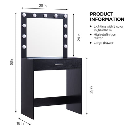 Vanity Desk with Mirror and Lights, Dressing Table with Large Drawer, 1 Level Storage Dresser & 3 Lighting Modes Adjustable Brightness, Suitable for Bedroom(Black)