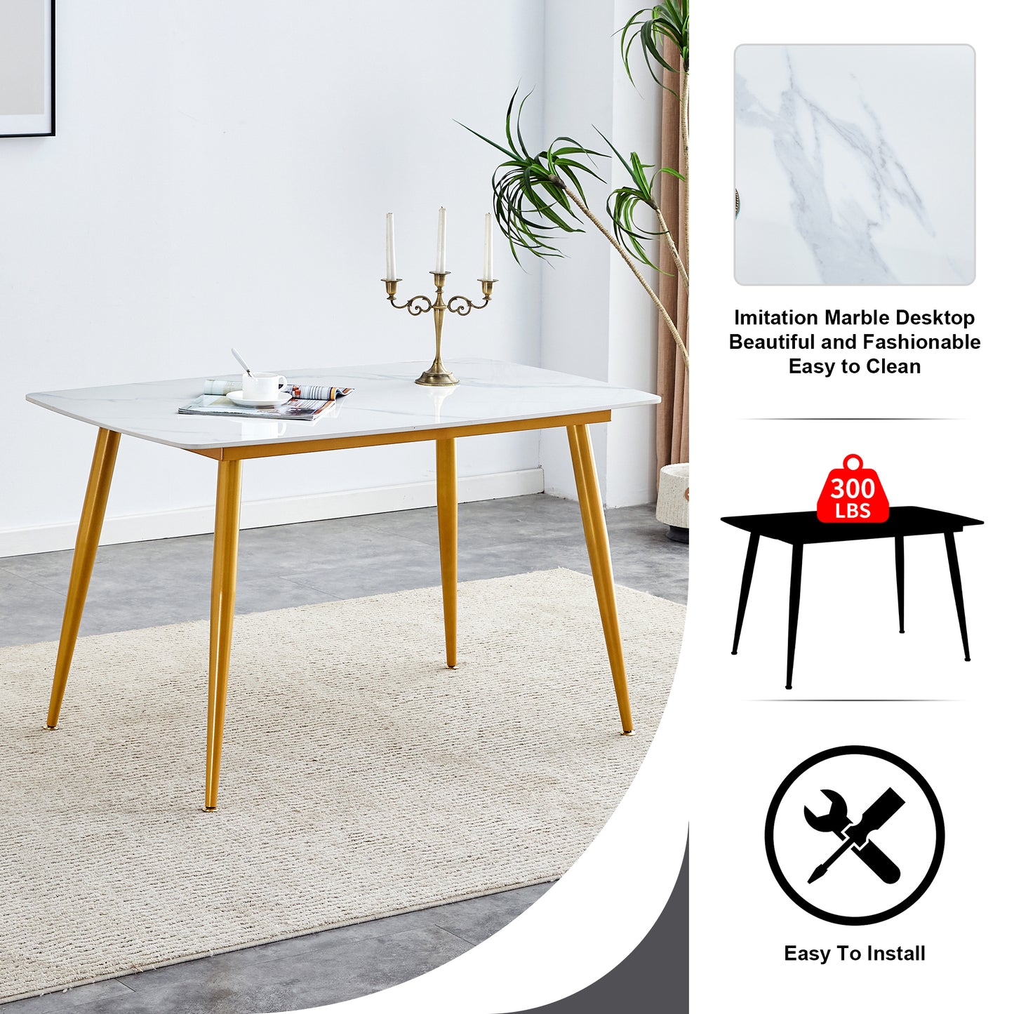 Modern minimalist dining table. White imitation marble patterned stone burning tabletop with golden metal legs. 50 "* 30" * 30 "F-001