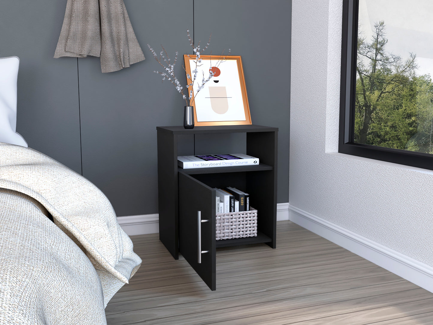 Nordico Nightstand , End Table, Side Table One Shelf, Single Door Cabinet, Metal Handle -Black