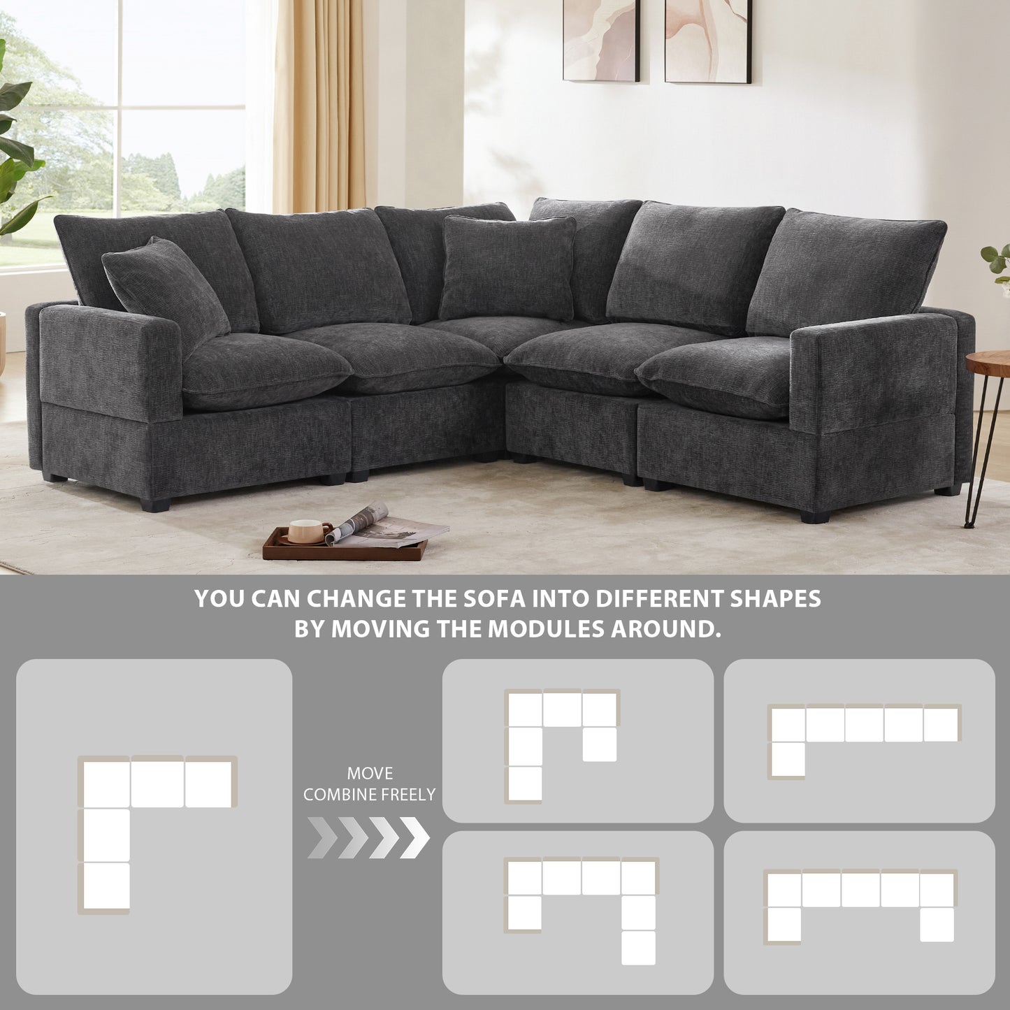86*86" Modern L Shape Modular Sofa, 5 Seat Chenille Sectional Couch Set with 2 Pillows Included, Freely Combinable Indoor Funiture for Living Room, Apartment, Office, 2 Colors