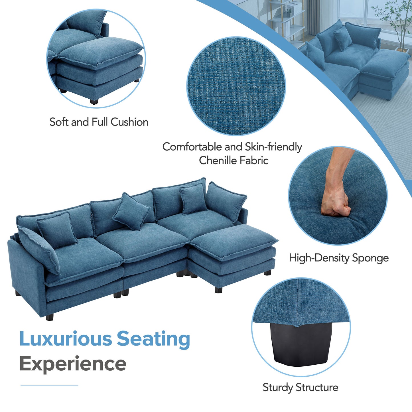 112.2" L-Shape Chenille Upholstered Sofa for Living Room Modern Luxury Sofa Couch with Ottoman, 5 Pillows, Blue