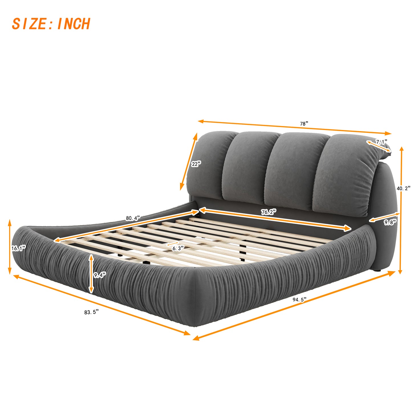 King Size Luxury Upholstered Bed with Thick Headboard, Velvet King Bed with Oversized Padded Backrest, Gray(Expect Arrive date 2024/3/15)