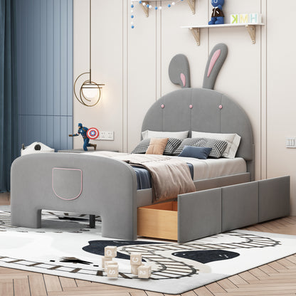 Twin Size Velvet Platform Bed with Rabbit-Shaped Headboard, with Drawers, with Bed-End Storage Pocket, Gray