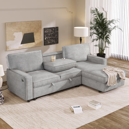 U_STYLE Upholstery Sleeper Sectional Sofa with Storage Space, USB port, 2 cup holders on Back Cushions(same sku; WY000335AAE)